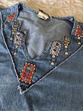 Vintage 80s Visage Embellished Denim Top Made in USA